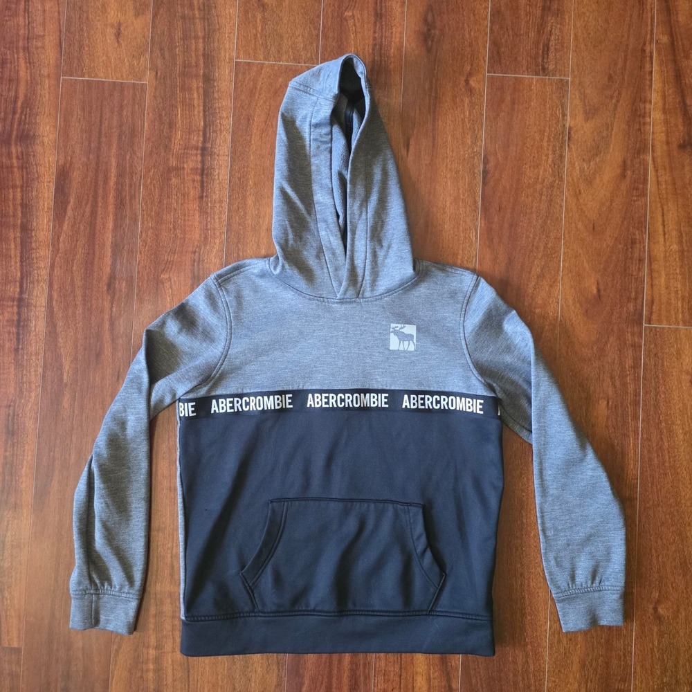 Abercrombie Kids Boys Gray Black Colorblock Logo Tape Fleece Hoodie Size 13/14